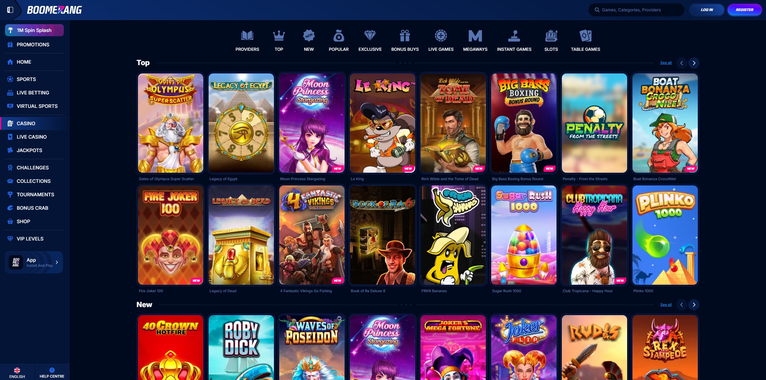 Boomerang Casino Spielauswahl